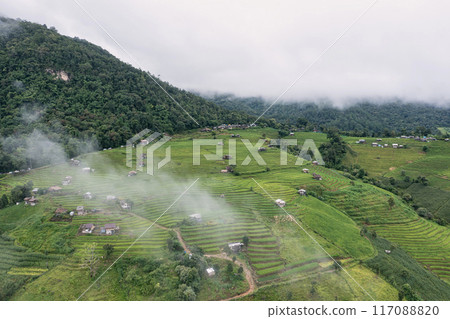 Aerial views of Small house and rice terraces field at pabongpaing village rice terraces Mae-Jam Chiang mai, Thailand. The view point for travel. Rice Field Terrace 117088820
