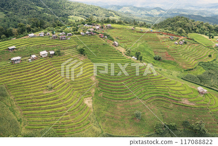 Aerial views of Small house and rice terraces field at pabongpaing village rice terraces Mae-Jam Chiang mai, Thailand. The view point for travel. Rice Field Terrace Aerial views of Small house and rice terraces field at pabongpaing village rice terraces Mae-Jam Chiang mai, Thailand. The view point for travel. Rice Field Terrace 117088822