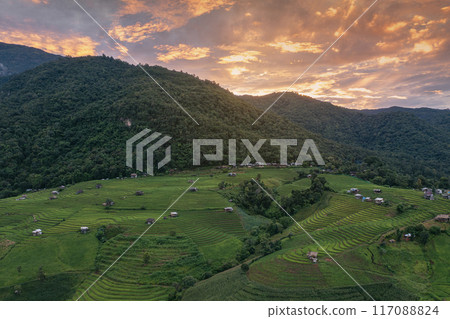 Aerial views of Small house and rice terraces field at pabongpaing village rice terraces Mae-Jam Chiang mai, Thailand. The view point for travel. Rice Field Terrace 117088824