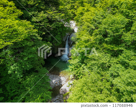 Aerial view of the Ojiro River Valley and Shinja Falls in Yamanashi Prefecture, with fresh greenery. Hokuto City Aerial view of the Ojiro River Valley and Shinja Falls in Yamanashi Prefecture, with fresh greenery. Hokuto City 117088946