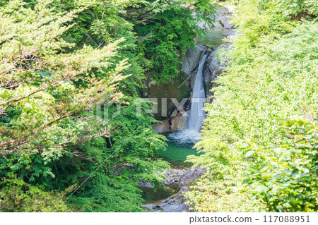 Aerial view of the Ojiro River Valley and Shinja Falls in Yamanashi Prefecture, with fresh greenery. Hokuto City 117088951