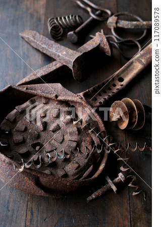 各種形狀的鐵製生鏽物體合影 117089578