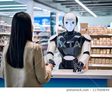 A humanoid robot serving human shoppers at a store's cash register 117089649
