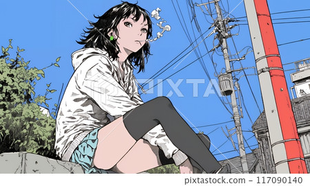 Bad High School Girl: A young woman smoking a cigarette 117090140