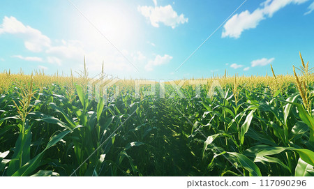 Sunny weather and a vast corn field 117090296