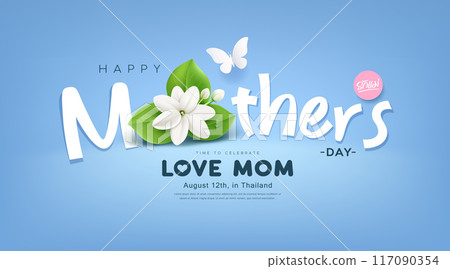 Happy Mother's day message, with jasmine flower and green leaf on light blue background Happy Mother's day message, with jasmine flower and green leaf on light blue background 117090354