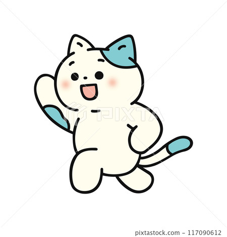 A cat skipping happily with one hand raised 117090612