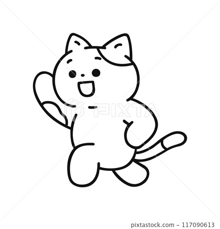 A cat skipping happily with one hand raised - Line drawing A cat skipping happily with one hand raised - Line drawing 117090613