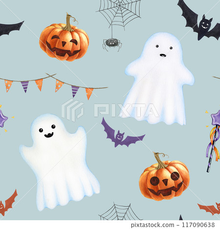 Halloween funny ghost seamless pattern decor. Hand drawn painted illustration. Spooky ghosts, pumpkins, bat, spider web decor element. Happy Halloween collection seamless pattern festive decoration 117090638