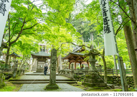 Ibigawa Town, Gifu Prefecture: Hyakudoishi stone on the approach to Kegonji Temple on Mount Yagumi, amidst fresh greenery 117091691