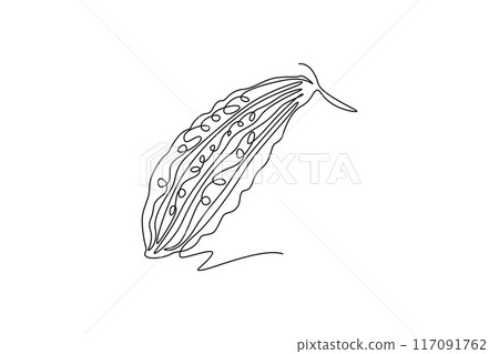 Continuous one line drawing of whole healthy freshness organic bitter gourd for farm logo identity. Fresh bitter melon concept for vegetable icon. Single line draw design vector graphic illustration Continuous one line drawing of whole healthy freshness organic bitter gourd for farm logo identity. Fresh bitter melon concept for vegetable icon. Single line draw design vector graphic illustration 117091762