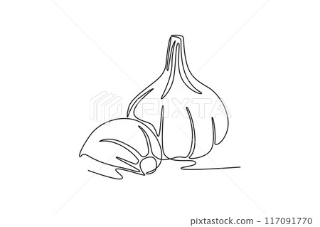 Single continuous line drawing whole healthy organic garlic for plantation logo identity. Fresh cuisine seasoning concept for vegetable icon. Dynamic one line draw graphic design vector illustration 117091770