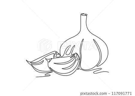 Single continuous line drawing whole healthy organic garlic for plantation logo identity. Fresh cuisine seasoning concept for vegetable icon. Dynamic one line draw graphic design vector illustration 117091771