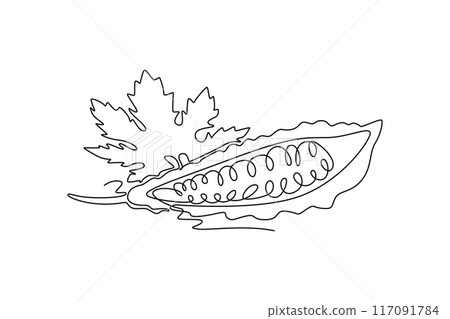 Continuous one line drawing of half sliced healthy organic raw bitter gourd for farm logo identity. Fresh bitter melon concept for vegetable icon. Single line draw design vector graphic illustration Continuous one line drawing of half sliced healthy organic raw bitter gourd for farm logo identity. Fresh bitter melon concept for vegetable icon. Single line draw design vector graphic illustration 117091784
