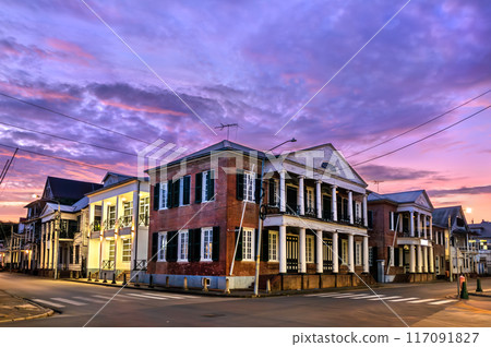 Architecture of Historic Inner City of Paramaribo at sunset, UNESCO world heritage in Suriname 117091827