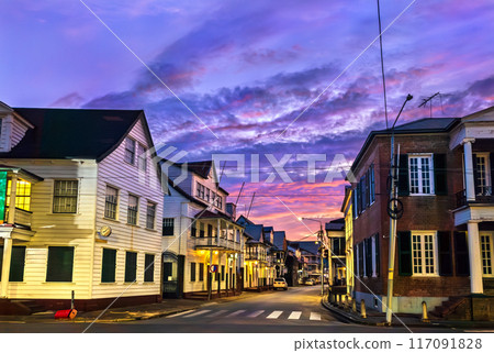 Architecture of Historic Inner City of Paramaribo at sunset, UNESCO world heritage in Suriname 117091828