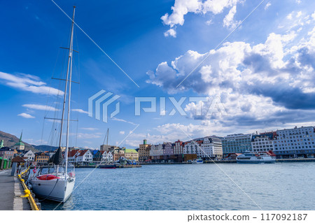 Sailboat docked in Bergen Harbor, Norway. 117092187