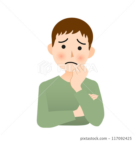 一個年輕人靠著下巴,憂心忡忡 一個年輕人靠著下巴,憂心忡忡 117092425