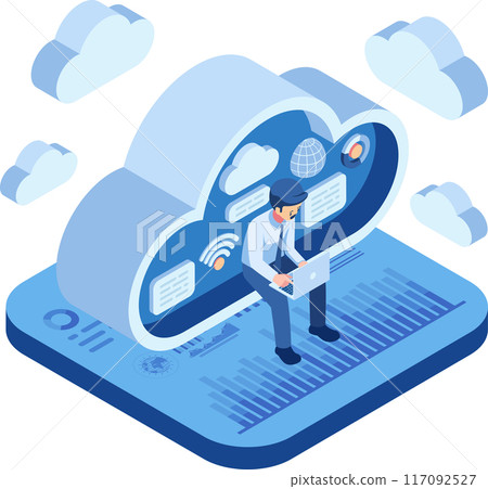 Isometric Businessman Using Laptop Working on Cloud Isometric Businessman Using Laptop Working on Cloud 117092527