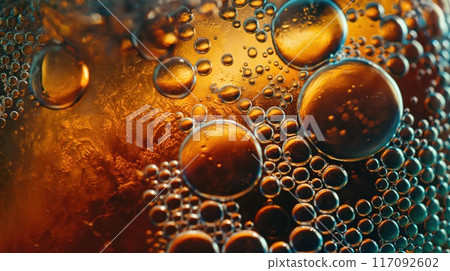 Glossy golden beer bubbles close-up. Generative AI 117092602