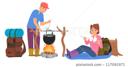 Camping picnic illustration. Man cooking food on fire Camping picnic illustration. Man cooking food on fire 117092971