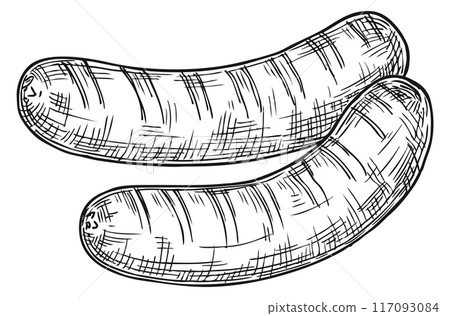 Grilled sausages engraving. Hand drawn barbecue food 117093084
