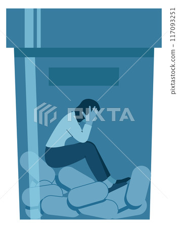 Sad woman in drug jar. Depression medication icon Sad woman in drug jar. Depression medication icon 117093251