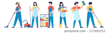 Cleaning service team. People in uniform with professional equipment Cleaning service team. People in uniform with professional equipment 117093252