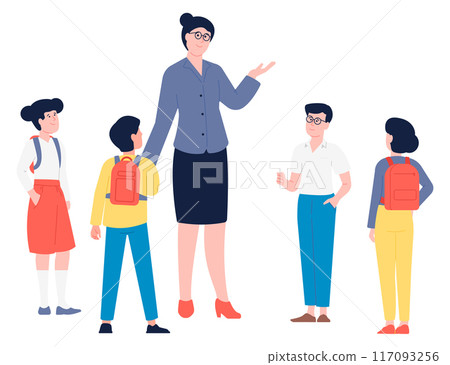 Female teacher and kids. Excursion tour woman character 117093256