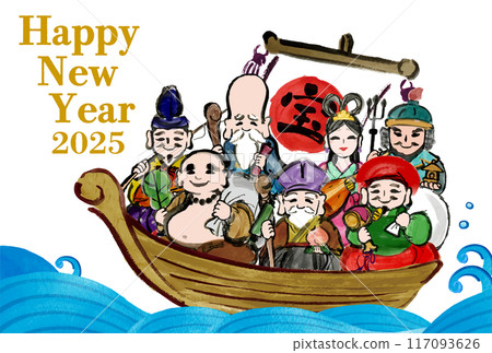 2025蛇年新年賀卡模板,附有寶船七福神的手寫日式插圖 2025蛇年新年賀卡模板,附有寶船七福神的手寫日式插圖 117093626