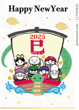 2025蛇年新年賀卡模板，手繪日式插畫寶船上七福神 117093632