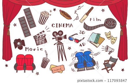 Movie theater illustration set, hand-drawn line drawings 117093847