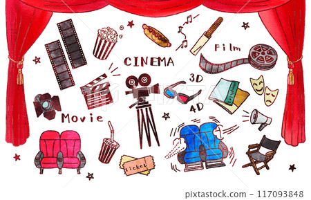 Cinema illustration set, hand-drawn watercolor style 117093848