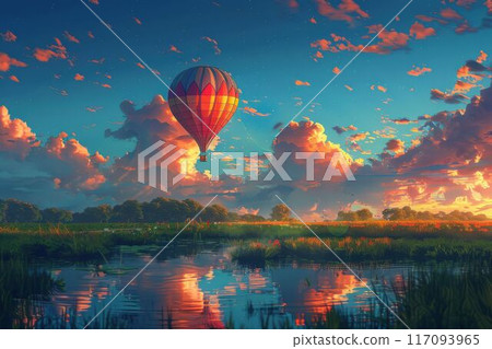 Hot Air Balloon at Sunset Over Serene Wetlands with Reflective Water and Vibrant Clouds 117093965