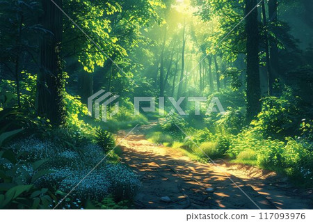 Sunlit Forest Path with Lush Greenery and Dappled Light in a Serene Woodland Setting Sunlit Forest Path with Lush Greenery and Dappled Light in a Serene Woodland Setting 117093976