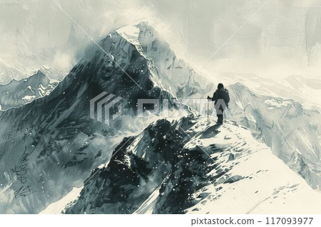 Adventurous Hiker Standing on Snowy Mountain Peak with Majestic Snow-Covered Mountains in the Background Adventurous Hiker Standing on Snowy Mountain Peak with Majestic Snow-Covered Mountains in the Background 117093977