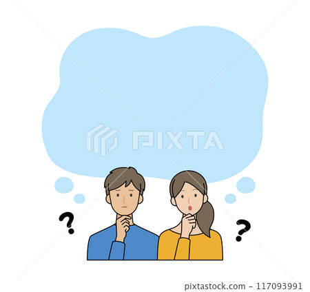Couple thinking with speech bubble Couple thinking with speech bubble 117093991