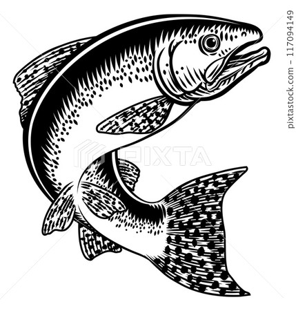 Salmon Fish Vintage Etched Woodcut Fishing Concept 117094149