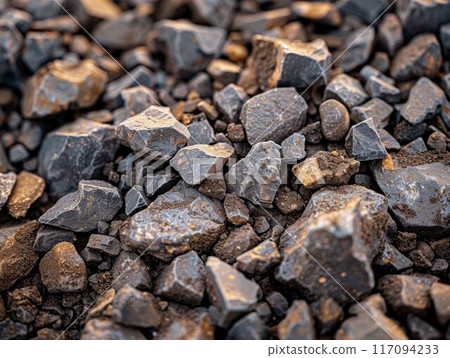 Detailed close-up image of rough gravel stones showcasing varied textures and colors, perfect for backgrounds or construction-related themes. Detailed close-up image of rough gravel stones showcasing varied textures and colors, perfect for backgrounds or construction-related themes. 117094233
