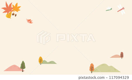 秋天的風景，簡單的山樹背景框架，秋葉，可愛的手繪插圖 117094329