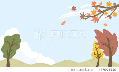 秋天的風景，楓樹和樹葉背景框架，可愛的手繪插圖 117094330