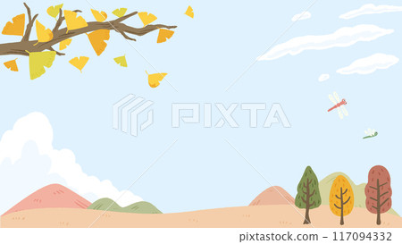 Autumn landscape, background frame with ginkgo trees and leaves, cute hand drawn illustration Autumn landscape, background frame with ginkgo trees and leaves, cute hand drawn illustration 117094332