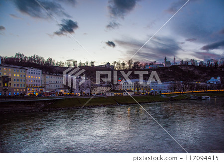 Salzburg, Austria - Museum of Modern Art at dusk across the Salzach River Salzburg, Austria - Museum of Modern Art at dusk across the Salzach River 117094415