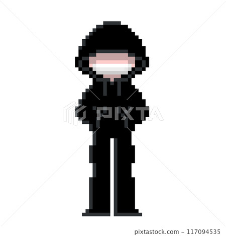 一個可愛的像素藝術面具，上面是一個黑客風格的可疑人物，黑色連帽衫的兜帽拉了起來。 117094535