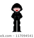 Cute pixel art of a suspicious hacker-esque person wearing a black hoodie with the hood pulled down low 117094541