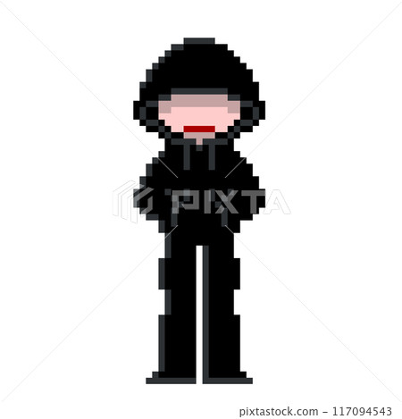 Cute pixel art of a suspicious hacker-esque person wearing a black hoodie with the hood pulled down low Cute pixel art of a suspicious hacker-esque person wearing a black hoodie with the hood pulled down low 117094543