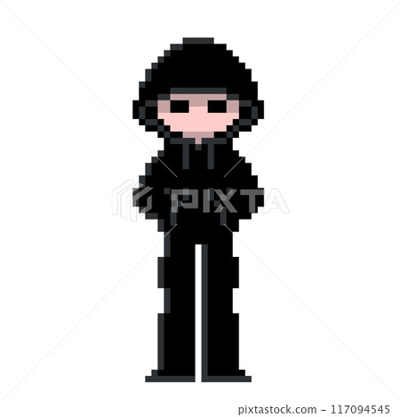 Cute pixel art of a suspicious hacker-esque person wearing a black hoodie with the hood pulled down low 117094545