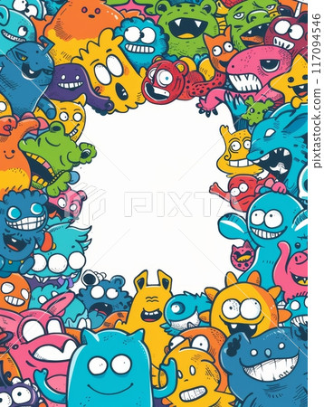 Colorful doodle of variety of quirky creatures or cute monsters with blank space in the middle 117094546