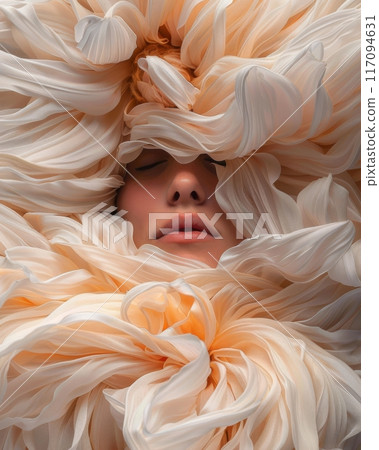 Surrealism cover image of a woman's face in the center of a daisy made from sheer fabric Surrealism cover image of a woman's face in the center of a daisy made from sheer fabric 117094631