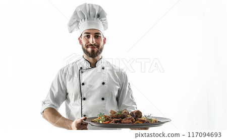 A chef in uniform holding a tray of food against a white background 117094693